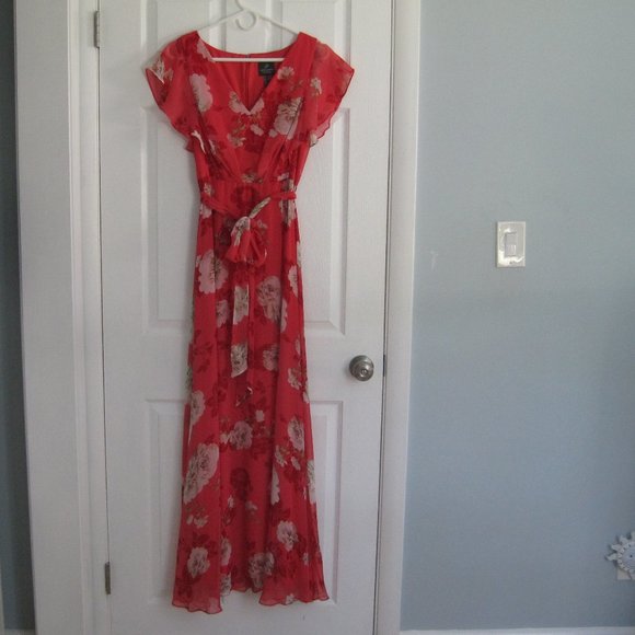 Adrianna Papell Maxi Floral Chiffon Dress in Soft Red and Pink Size 6 - Picture 4 of 10